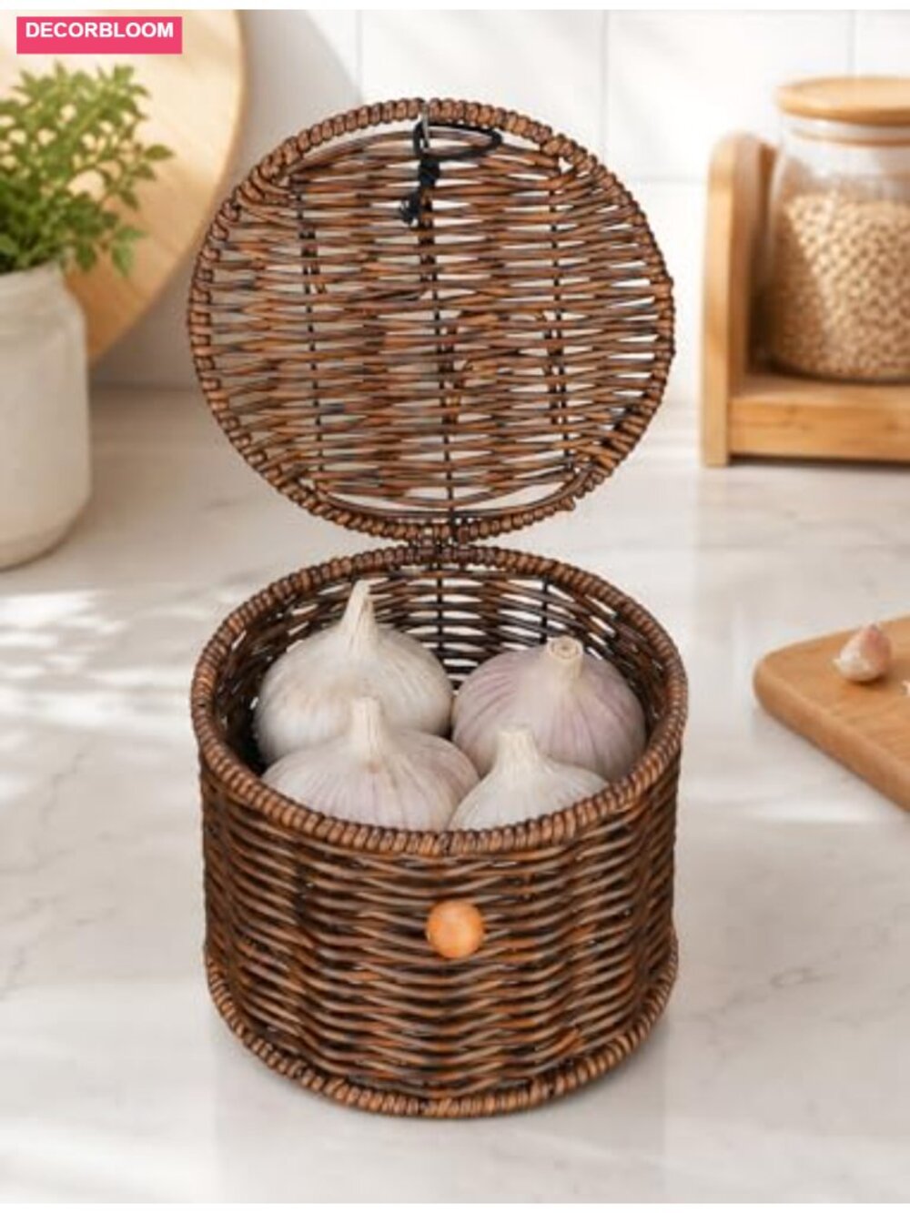 Handwoven Rattan-Style Garlic Keeper for Counter, Holds 8-10 Bulbs, Wide Opening - Picture 5 of 5